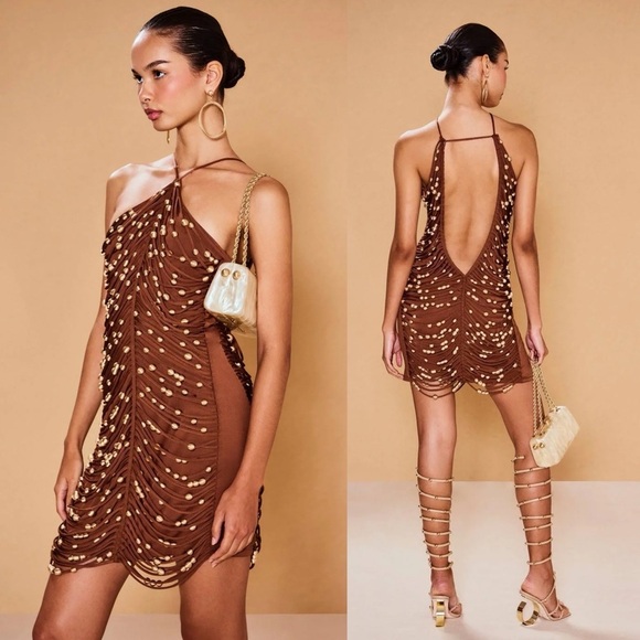 cult gaia Dresses & Skirts - Cult Gaia Zenita Gold Tone Hand Beaded Mini Dress Tavern Brown NEW with tags